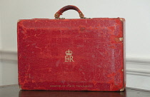 England, London, Treasury Office red document box as used by the Chancellor of the Exchequer on budget day.