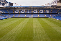 England, London, Chelsea Football Club, Stamford Bridge Ground, view along pitch toward the Matthew Harding Stand.