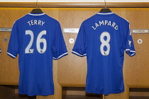 England, London, Chelsea, Stamford Bridge Ground, Terry and Lampard shirts beside lockers in home team changing room.
