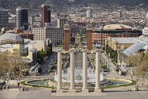 Spain, Catalunya, Barcelona, Placa d'Espanya as seen from Montjuic Hill with the Venetian Towers and the Arenas de Barcelona bullring.