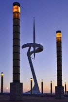 Spain, Catalunya, Barcelona, Montjuic, Torre Calatrava or Torre Telefonica at dusk, Communications Tower completed in 1992 for the Olympic Games.