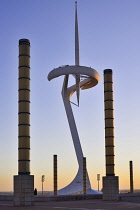 Spain, Catalunya, Barcelona, Montjuic, Torre Calatrava or Torre Telefonica at dusk, Communications Tower completed in 1992 for the Olympic Games.