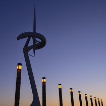 Spain, Catalunya, Barcelona, Montjuic, Torre Calatrava or Torre Telefonica at dusk, Communications Tower completed in 1992 for the Olympic Games.