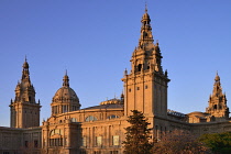 Spain, Catalunya, Barcelona, Montjuic, Rear vista of the Palau Nacional which was built for the 1929 International Exhibition in Barcelona and now houses the National Art Museum of Catalonia.
