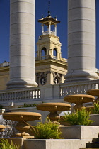 Spain, Catalunya, Barcelona, Montjuic, View through pillars of a side turret of the  Palau Nacional which was built for the 1929 International Exhibition in Barcelona and now houses the National Art M...