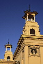 Spain, Catalunya, Barcelona, Montjuic, A side turret of the  Palau Nacional which was built for the 1929 International Exhibition in Barcelona and now houses the National Art Museum of Catalonia.