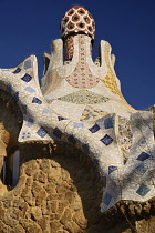 Spain, Catalunya, Barcelona, Parc Guell by Antoni Gaudi, roof detail of the Administration Lodge at the park's entrance.