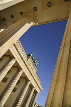 Germany, Berlin, Angular view of the Brandenburg Gate viewed through side columns.