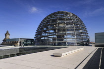 Germany, Berlin, Reichstag Parliament Building, Exterior view of the Glass Dome designed by Norman Foster as seen from the roof terrace.