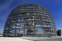 Germany, Berlin, Reichstag Parliament Building, Exterior view of the Glass Dome designed by Norman Foster as seen from the roof terrace.