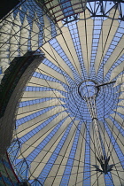 Germany, Berlin, Potzdamer Platz, Sony Centre with glass canopied roof over its central plaza.