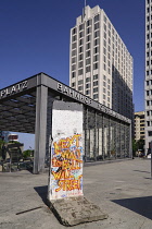 Germany, Berlin, Potzdamer Platz, Preserved Berlin Wall section with political message.