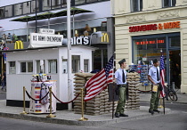 Germany, Berlin, Checkpoint Charlie, US Army checkpoint and guardhouse reconstruction at the former crossing point between East and West Berlin.