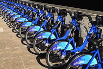 USA, New York, Manhattan, Bikes for rental on the street.