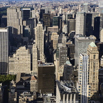 USA, New York, Manhattan, View north over 5th Avenue from the observation deck of the Empire State Building with spire of St Patrick's Cathedral.
