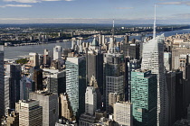 USA, New York, View north from the observation deck of the Empire State Building with the Hudson River and Times Square in view.