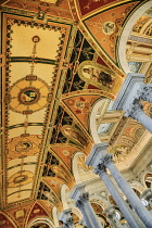 USA, Washington DC, Capitol Hill,  Library of Congress, The Great Hall, Ceiling detail with some of the many pillars.