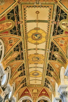 USA, Washington DC, Capitol Hill,  Library of Congress, The Great Hall, Detail of the colourful ceiling.