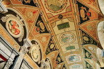 USA, Washington DC, Capitol Hill,  Library of Congress, The Great Hall, Detail of the colourful ceiling.