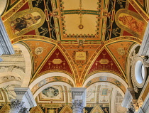 USA, Washington DC, Capitol Hill,  Library of Congress, The Great Hall, Detail of the colourful ceiling.