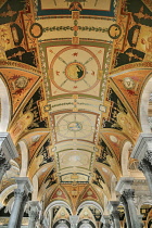 USA, Washington DC, Capitol Hill,  Library of Congress, The Great Hall, Detail of the colourful ceiling.