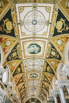 USA, Washington DC, Capitol Hill,  Library of Congress, The Great Hall, Detail of the colourful ceiling.