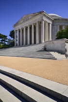 USA, Washington DC, National Mall, Thomas Jefferson Memorial, Angular view from west including steps and facade.