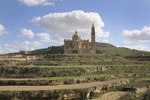 Malta, Gozo, Ta Pinu, Sanctuary church and terraced fields.