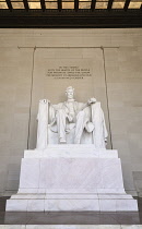 USA, Washington DC, National Mall, Lincoln Memorial, Statue of Abraham Lincoln,  Head on view of the statue.