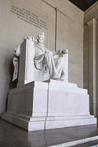 USA, Washington DC, National Mall, Lincoln Memorial, Statue of Abraham Lincoln,  Angular view of the statue.