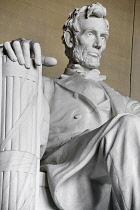 USA, Washington DC, National Mall, Lincoln Memorial, Statue of Abraham Lincoln,  Angular close up view of the statue.