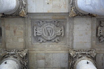 Germany, Berlin, Mitte, Reichstag building detail of stone work above the entrance.