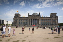 Germany, Berlin, Mitte, Reichstag building with glass dome deisgned by Norman Foster.