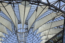 Germany, Berlin, Mitte, Potsdamer Platz, The Sony Centre interior with steel and glass canopy roof designed by Helmut Jahn