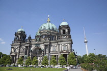 Germany, Berlin, Mitte, Museum Island, Cathedral with Fernsehturm TV Tower behind.