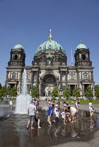 Germany, Berlin, Mitte, Museum Island, Cathedral with Fernsehturm TV Tower behind.