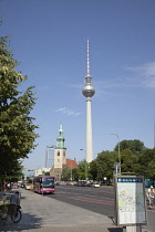 Germany, Berlin, Mitte, Fernsehturm TV Tower seen from Karl-Liebkneckt-Starsse.