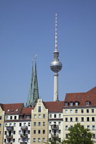 Germany, Berlin, Mitte, Fernsehturm seen from across River Spree.