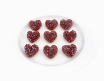 Food, Confections, Candies, Red coloured jelly hearts coated in sugar.