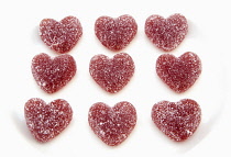 Food, Confections, Candies, Red coloured jelly hearts coated in sugar.