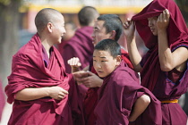 China, Tibet, Young monks of Buddhist Wutun Si monastery are playing at the square.