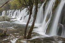 China, Sichuan, Blurred waterfall at Jiuzhaigou Valley National Park.