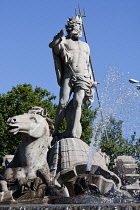 Spain, Madrid, The Fountain of Neptune at the Plaza de Canovas del Castillo.