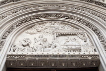 Spain, Madrid, Detail of Nativity scene from the main portal of church San Jeronimo el Real.