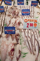 Spain, Madrid, Display of fish on a stall in Mercado de Barcelo.
