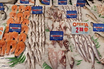 Spain, Madrid, Display of fish on a stall in Mercado de Barcelo.