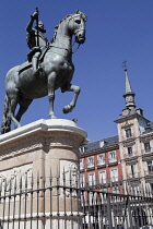 Spain, Madrid, Statue of King Philip III on horseback, Plaza Mayor.