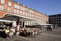Spain, Madrid, Restaurants on the Plaza Mayor.