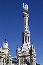 Spain, Madrid, Statue of Christopher Columbus at Plaza de Colon.