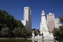 Spain, Madrid, Statues of Cervantes Don Quixote and Sancho Panza in the  Plaza de Espana.